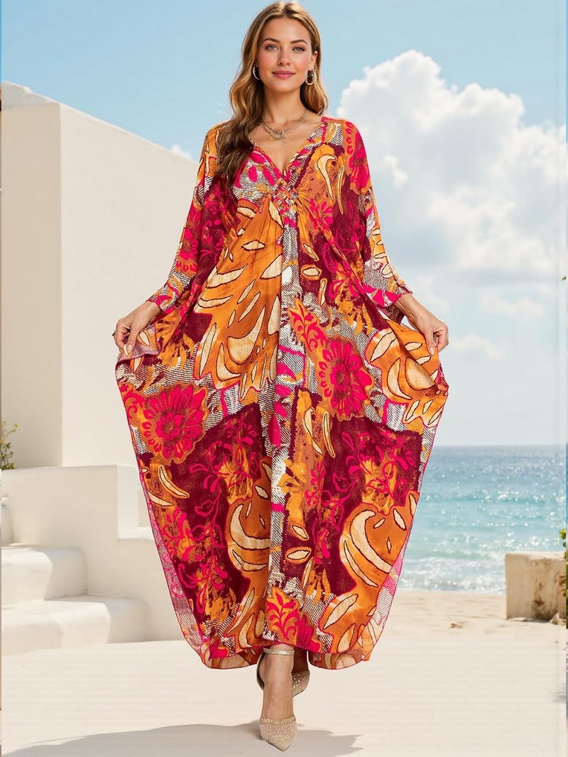 IMAGEKOPE Women's Plus Size Animal Print V-Neck Batwing Kaftan Beach Dress Bathing Suit Cover-Up Loungewear - Image 1